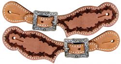 Showman Youth leather spur straps with barbed wire tooling